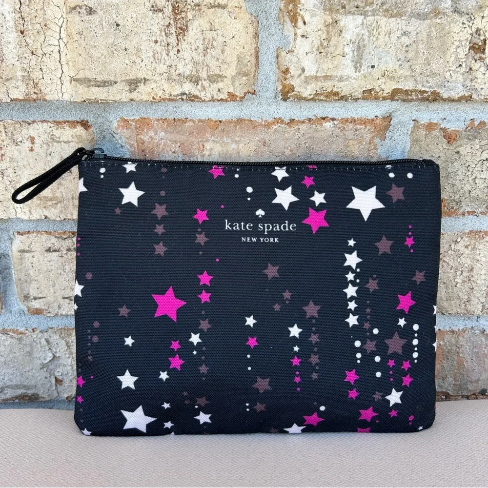 Kate Spade New York Black Pink Stars Falling Pouch Cosmetic Travel organizer OS